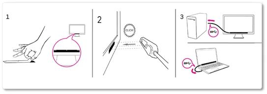 Remsan under skärmen → klicka fast trackern → anslut USB